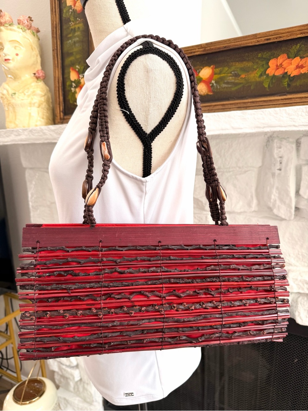 Artisan Red Wood Stick Cowrie Shell Shoulder Bag Boho Purse